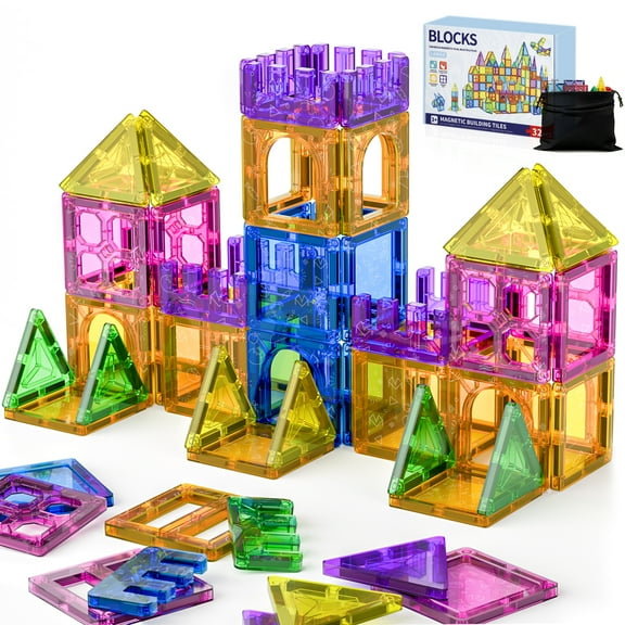 Askmuse 32PCS Magnetic Blocks Building Set, Magnet Tiles for Toddlers, Strong Magnets STEM Toys, Safe Magnetic Toys for Kids Ages 3+, Preschool Learning & Travel Play