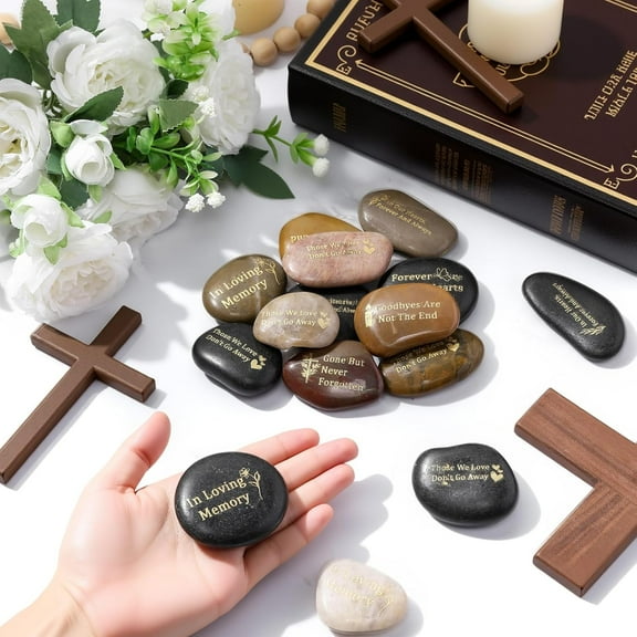60 Pcs Memorial Stones - 1.97 Inch Inspirational River Rock with 6 Different Inscriptions for Funeral, Sympathy, and Memorial Services