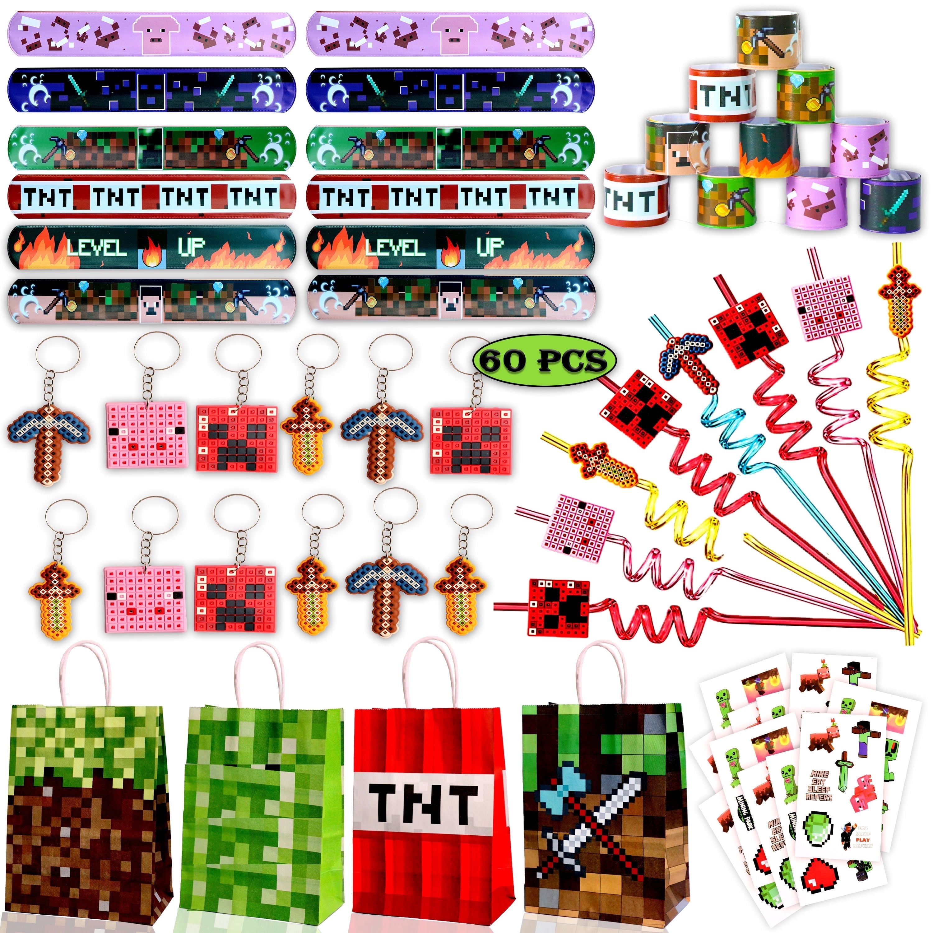 60 Pcs Miner Pixel Theme Birthday Party Favors Keychain Slap band Stickers Treat Bag Straw for Kids Party Supply