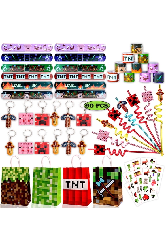 60 Pcs Miner Pixel Theme Birthday Party Favors Keychain Slap band Stickers Treat Bag Straw for Kids Party Supply