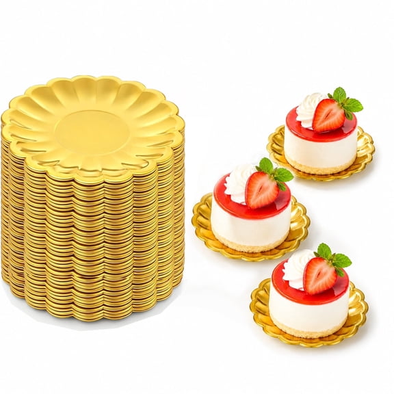 60 Pcs Mini Dessert Plates, Artrylin 3.5 Inch Cupcake Plates, Disposable Small Cupcake Trays with Scalloped Rim for Appetizer, Pastry Display, Wedding & Party Supplies, Gold