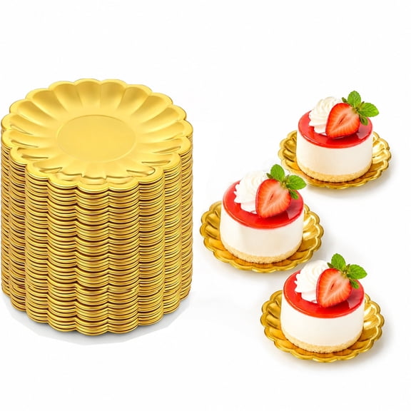 60 Pcs Mini Dessert Plates, Artrylin 3.5 Inch Cupcake Plates, Disposable Small Cupcake Trays with Scalloped Rim for Appetizer, Pastry Display, Wedding & Party Supplies, Gold