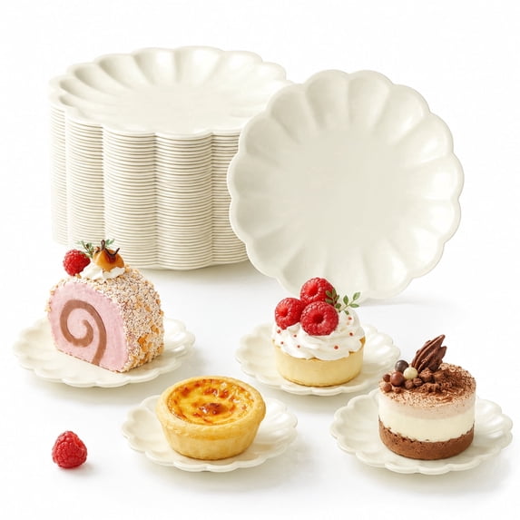 60 Pcs Mini Dessert Plates Cupcake Plates, XISELI 3.5 Inch Scalloped Edge Paper Dessert Plates Round Mousse Cupcake Base for Baking Birthday Wedding Party Events, Beige