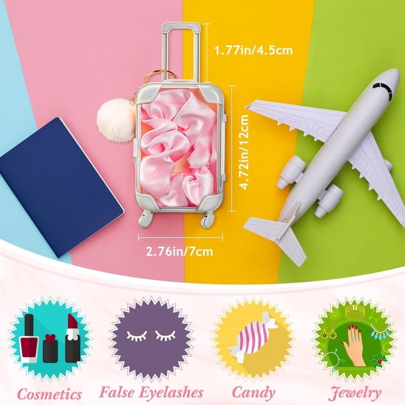60 Pcs Mini Empty Suitcase Storage Box with Plush Ball Keychain and Scrunchies Clear  Luggage Storage Containers Suitcase Packaging Case(Pink)