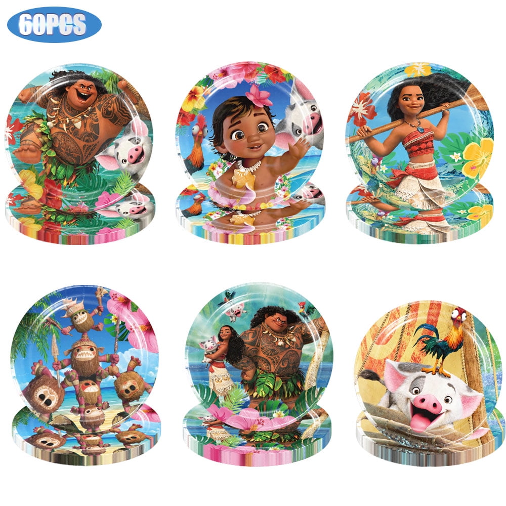 60 Pcs Moana Party Supplies Tableware set 7 Inch 6 Styles Princess Birthday Party Plates Disposable Paper Plates Party Decorations for Birthday Party Favors