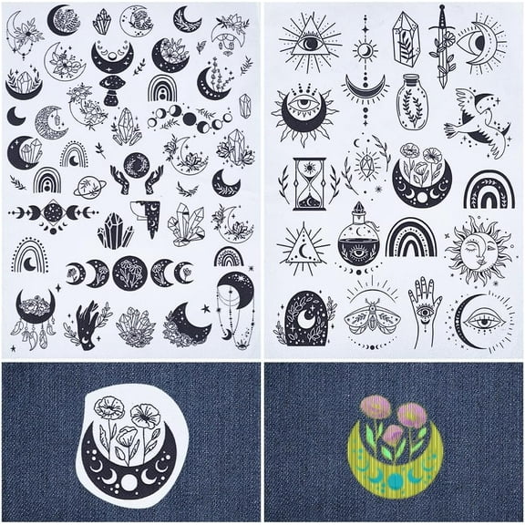 60+Pcs Moon Phase Sun Water Soluble Embroidery Stabilizers Tarot Magic Hand Sewing Stick and Stitch Transfers Paper Wash Away Pre-Printed Self Adhesive Patterns for DIY Cloth Sewing Lovers