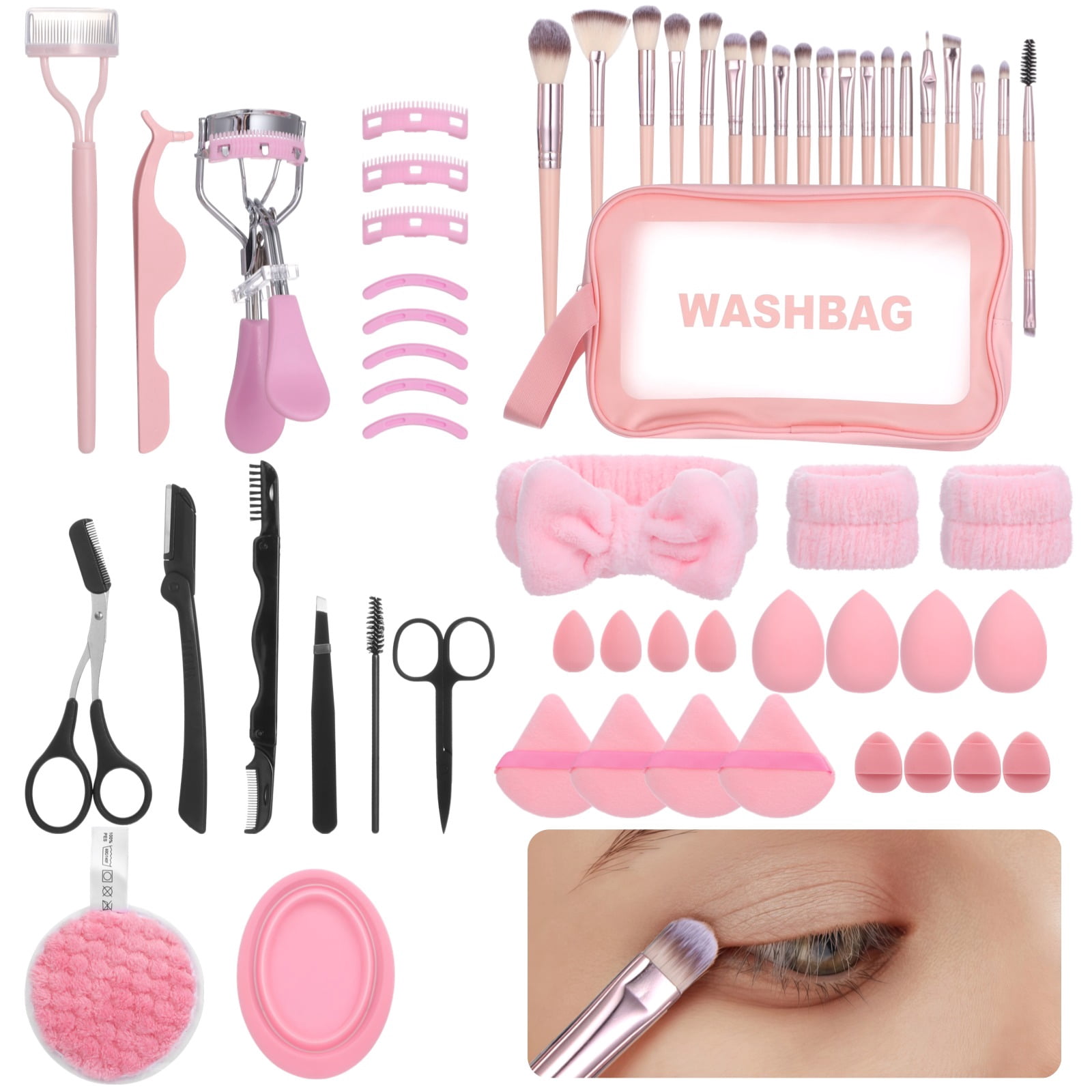 60 Pcs Multifunctional Makeup Kit with Eyelash Curler, Powder Puffs, Sponge, Professional Makeup Tool Set, Portable Cosmetic Brushes for Foundation Powder, Concealer, Eye Shadow