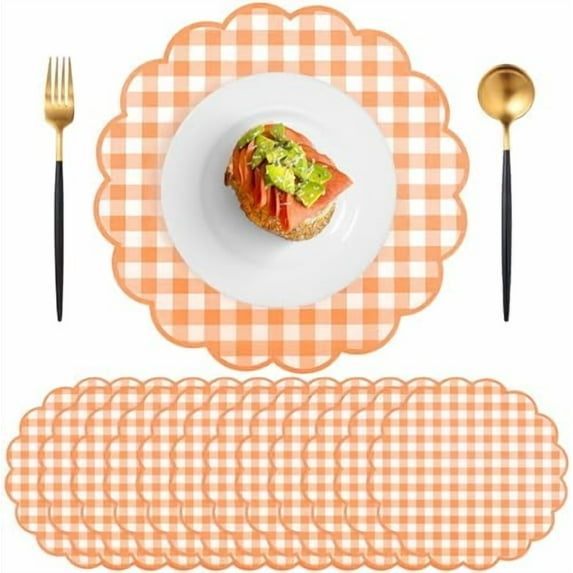 60 Pcs Orange Gingham Paper Placemats, 13.5 Inch Scalloped Checkered Place Mats Disposable Orange and White Table Placemat for Picnic Table Setting BBQ Birthday Outdoors Party