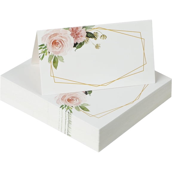 60 Pcs Paper Place Cards for Table Setting, 3.5" x 2" (Folded), Watercolor Rose Flower Seating Cards, Floral Table Tent Name Cards for Table Setting, Food Labels for Wedding Banquet Buffet