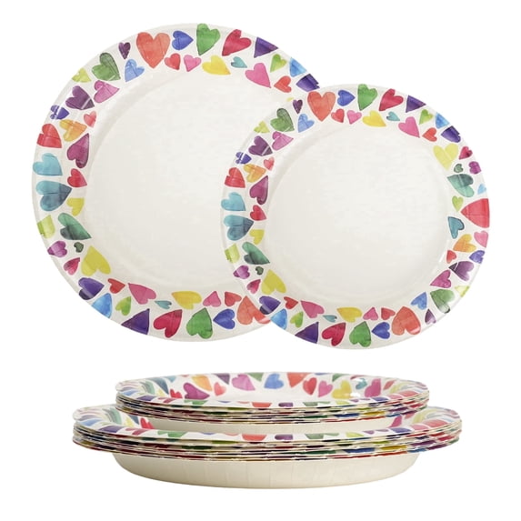 60 Pcs Paper Plates Sets Disposable, 30 Pcs 8.5inch Plates and 30 Pcs 10inch Plates, Compostable Round Multi Color Plates for Party, Valentine's Day, Microwaveable Plates for Dinner and Everyday Use