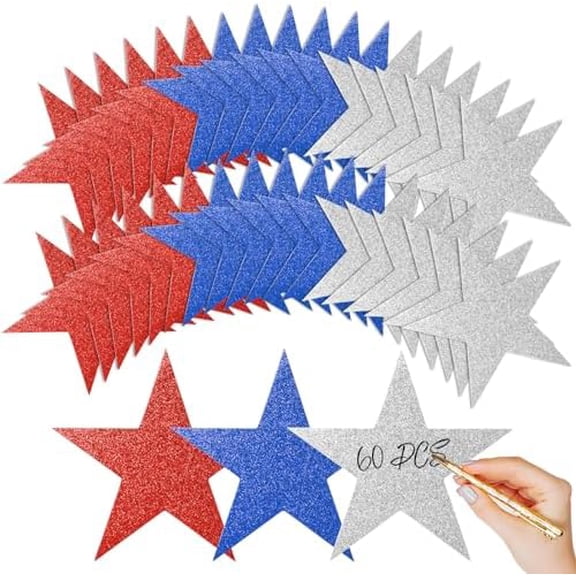 60 Pcs Patriotic Star Cutouts Double Printed Paper Star Confetti Cutouts for 4th of July Decoration Bulletin Board Classroom Wall Decoration,6 Inches (Red, Blue, Silver)