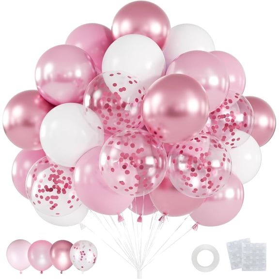 60 Pcs Pink Balloons Set 12 Inch White Metallic Pastel Confetti Wedding Bridal Shower Women Princess Birthday Decorations