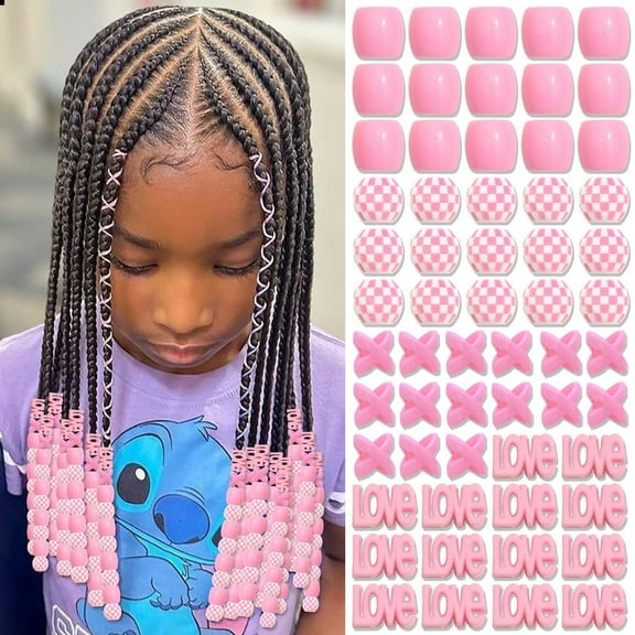 60 Pcs Pink Hair Beads for Braids, 3 Styles Bead Cute Hair Acrylic Pony Bead, Heart Shape Acrylic Colored Round Beads Hair Decoration Accessories