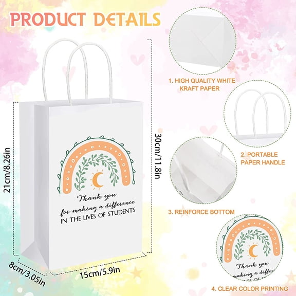 60 Pcs Rainbow Kraft Gift Bags with Handles for Teachers, Back to School, Appreciation Gifts