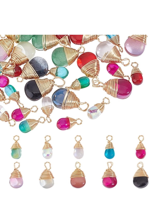 about 60 Pcs Real 18k Gold Plated Wire Wrapped Teardrop Charms 2 Sizes Glass Crystal Waterdrop Pendants Drop Dangle Bead Charms for Necklace Bracelet Jewelry Making Random Color