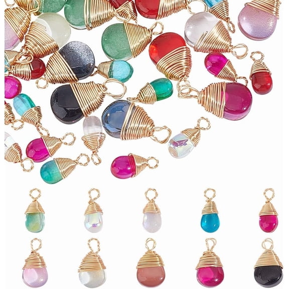 60 Pcs Real 18k Gold Plated Wire Wrapped Teardrop Charms 2 Sizes Glass Waterdrop Pendants Drop Dangle Bead Charms for Necklace Bracelet Jewelry Making Random Color for making