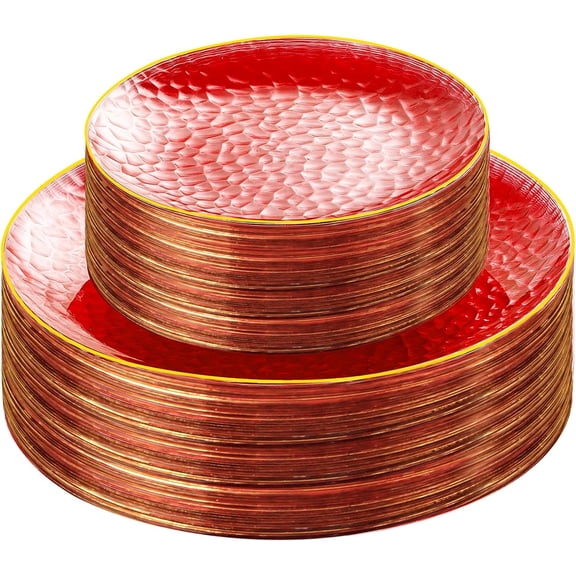60 Pcs Red Plasitc Plates, Clear Red Disposable Plates With Gold Rim, Fancy Party Plates, red Hammered Plastic plates Include 30 Dessert Platos, 30 Dinner Platos