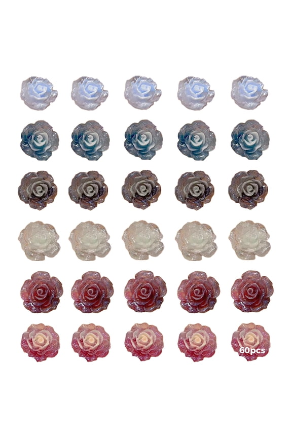 60 Pcs Resin Flower Charms for Jewelry Making, DIY Crafts, Rose Design with Gradient Colors, Flat Back for Easy Adhesion, Multiple Colors (Light Blue, Black-White, Red, Red-Black, White, Dark Blue)