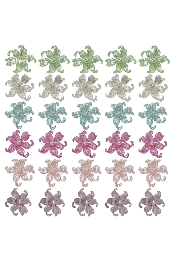 60 Pcs Resin Starfish Flower Charms for Jewelry Making, DIY Hair Accessories, Clothing Decoration, Includes Purple, Pink, Blue, Green, White, and Rosy, Perfect for Crafts