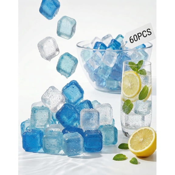 60 Pcs Reusable Ice Cubes, Plastic Freezer Ice Cubes for Drinks, Coolers, Lunch Boxes, Party Hosts, Outdoor Events, Ice Bath Recovery