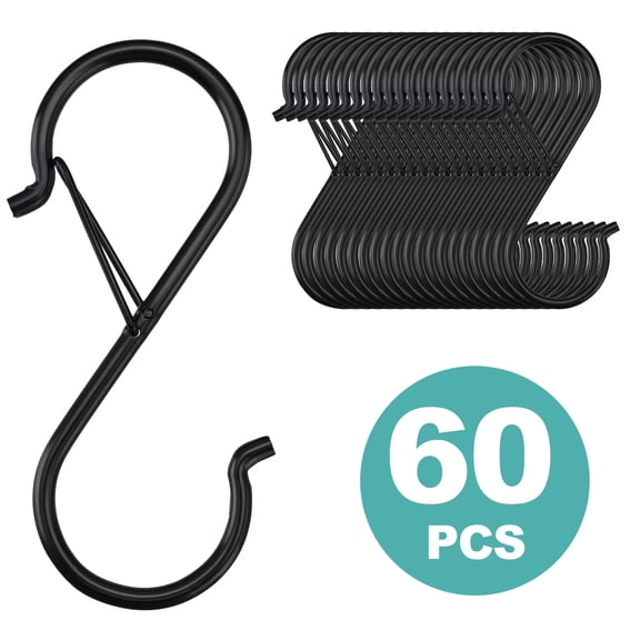 60 Pcs S Hooks for Hanging Heavy Duty, 3.5-inch Metal S Hook with Safety Buckle Suitable for 0.5" Rods, S Hook for Hanging Plants, Closet, Kitchen Utensil, Pot, Pan, Bags