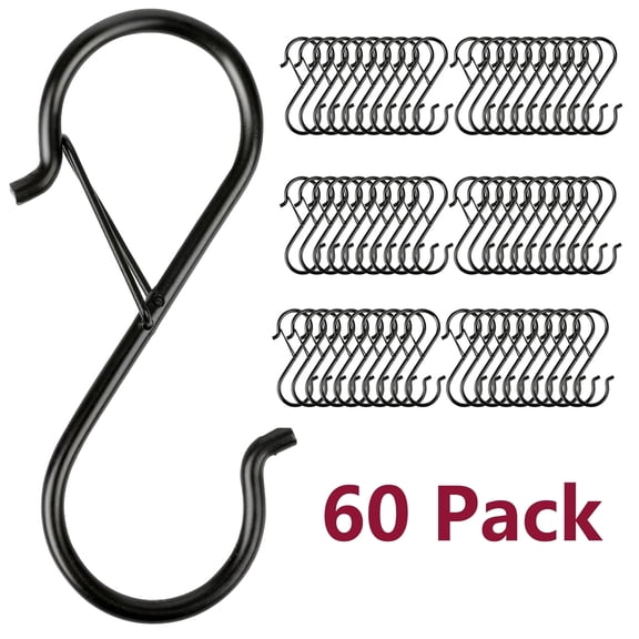60 Pcs S Hooks for Hanging Heavy Duty,S Hook with Safety Buckle for Hanging Plants, Closet, Kitchen Utensil, Pot, Pan, Bags, Black