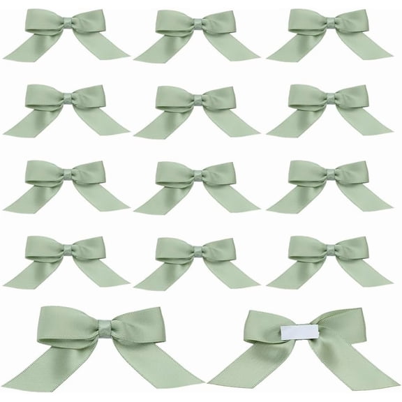 60 Pcs Sage Green Satin Ribbon Bows Polyester Self-Adhesive Bows Pre-Tied Twist Tie Bows Bulk