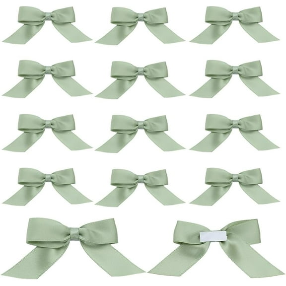 60 Pcs Sage Green Satin Ribbon Bows Polyester Self-Adhesive Bows Pre-Tied Twist Tie Bows Bulk