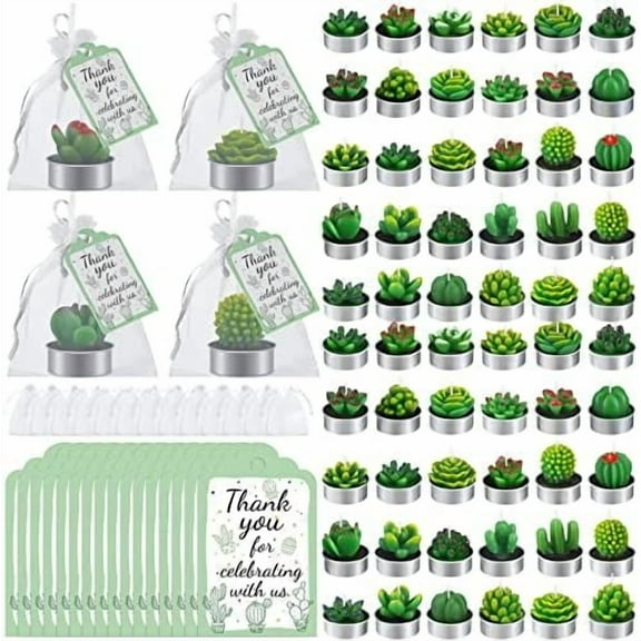 60 Pcs Scented Succulent Cactus Candles Bulk Mini Succulent Tealight Candles with 60 Thank You Gift Tags 60 Organza Bags Christmas Wedding Gifts for Guests Baby Shower