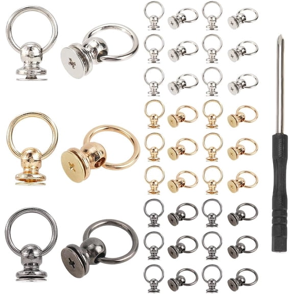 60 Pcs Screwback Round Head Rivet with Pull Ring Studs with Screwdriver DIY Leather Craft Rivets Studs for Bag Wallet Phone Case Handbag Decoration Component Accessories Silver Golden