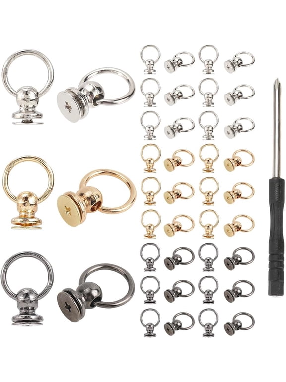 60 Pcs Screwback Round Head Rivet with Pull Ring Studs with Screwdriver DIY Leather Craft Rivets Studs for Bag Wallet Phone Case Handbag Decoration Component Accessories Silver Golden