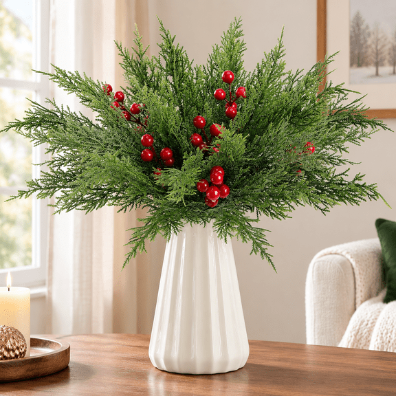 60 Pcs/Set Christmas 3D Artificial Pine Branches- 12.5 Inch Faux Evergreen Cedar Sprigs Branches- Fake Foliage Pine Needles Picks with Artificial Red Berry Stems for DIY Christmas Decoration