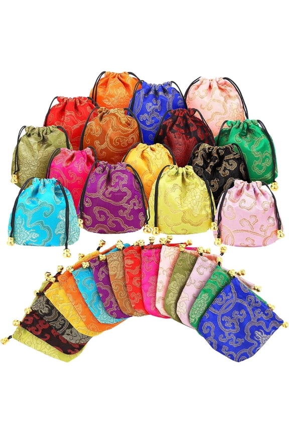 60 Pcs Silk Jewelry Pouch Drawstring Gift Bags Bulk 4 x 4 Inches Potli Bags for Return Gifts Indian Diwali Gift Bag Mini Satin Brocade Embroidered Coin Purse for Women Selling Pooja