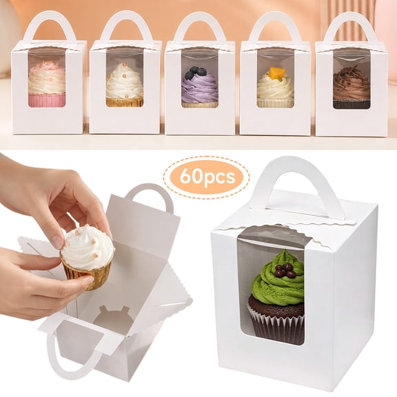 60 Pcs Single White Cupcakes Containers Gift Boxes with Window And Handle for Wedding Candy Boxes Cupcake Carrier