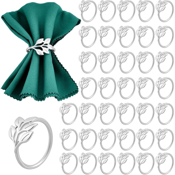 60 Pcs Sliver Leaf Napkin Rings Holders Modern Stainless Steel Napkin Ring Holders for Table Decor Settings, Vintage Napkin Ring for Wedding Christmas Party