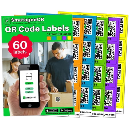60 Pcs Smatagee Color Coded QR Code Labels for Storage Bins,Moving and Organization | Pack and Track Inventory on iOS,Android App| 60 Unique Stickers(2.6"x2.6") - Bright