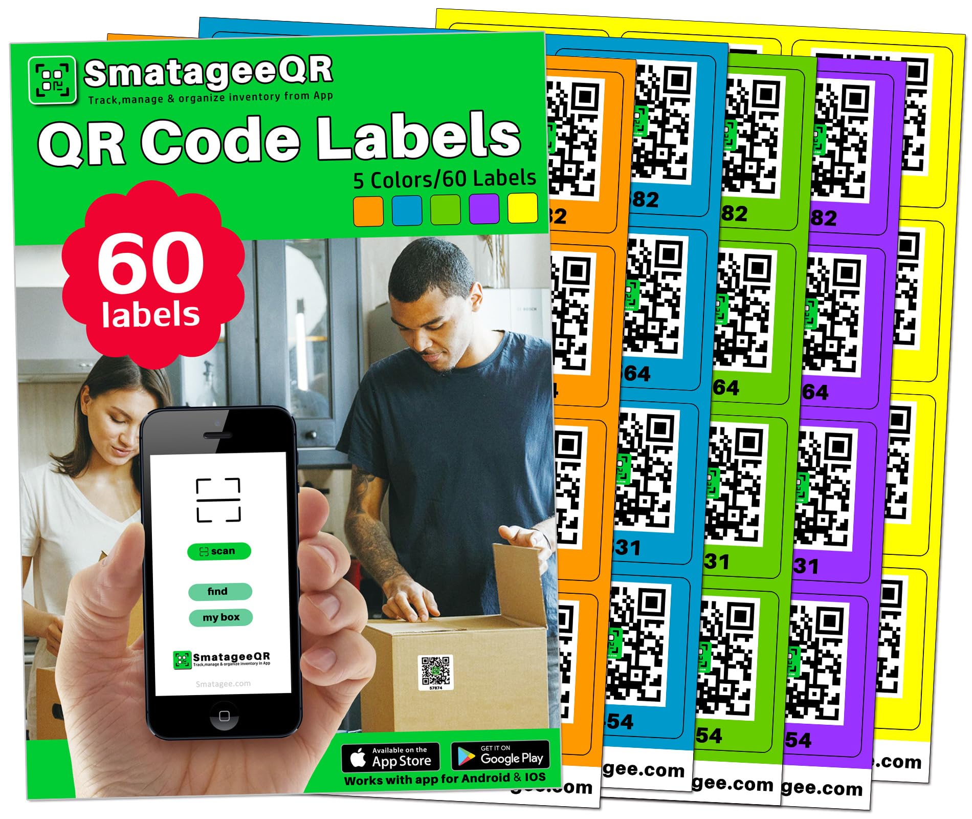 60 Pcs Smatagee Color Coded QR Code Labels for Storage Bins,Moving and