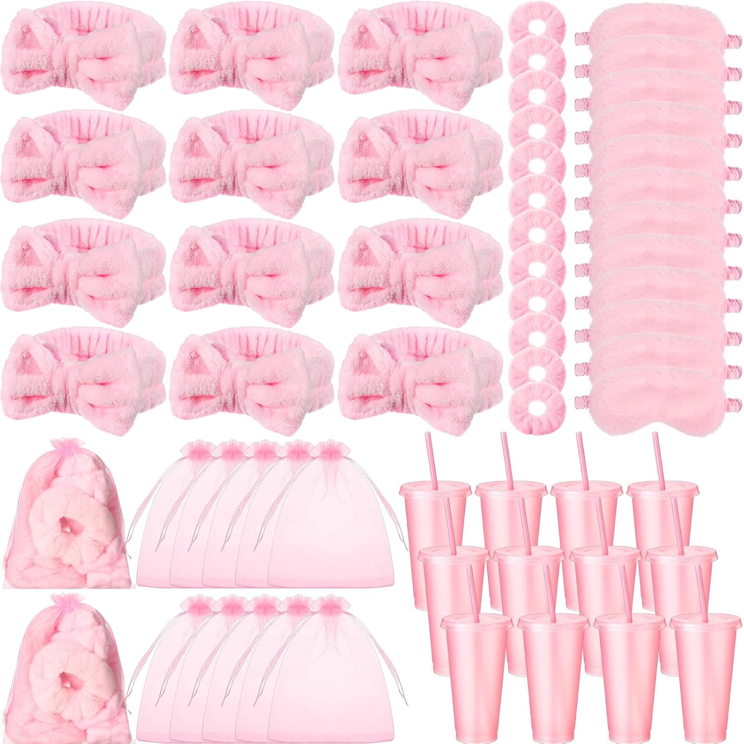 60 Pcs Spa Party Supplies Bulk Include 12 Bow Hairbands 12 Sleep Eye Mask 12 Hair Scrunchies 12 Glitter Cups 12 Organza Bag for Women Sleepover Slumber Spa Party Favor(Pink)
