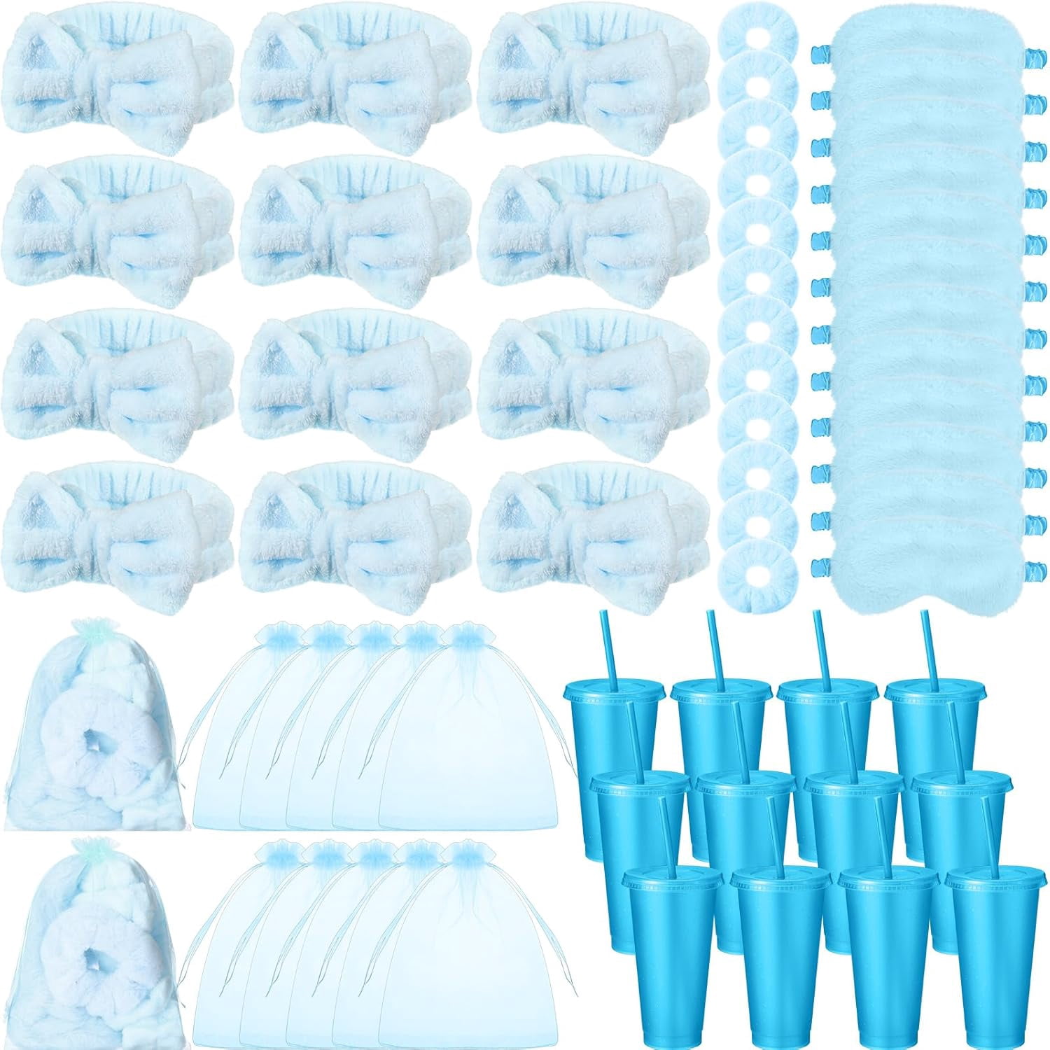60 Pcs Spa Party Supplies Bulk Include 12 Bow Hairbands 12 Sleep Eye Mask 12 Hair Scrunchies 12 Glitter Cups 12 Organza Bag for Women Sleepover Slumber Spa Party Favor(Blue)
