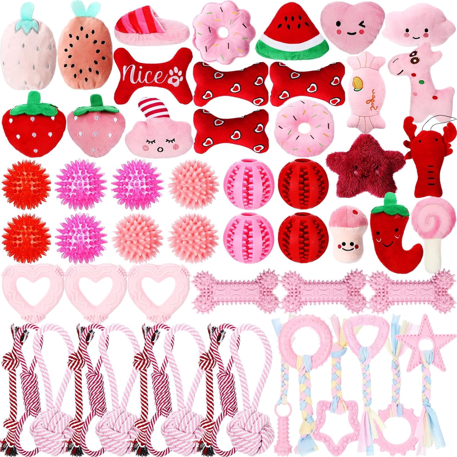 60 Pcs Squeaky Dog Toys Bulk Stuffed Plush Chew Toys Puppy Teething Rope Cute Spiky Chew Ball for Small Dog Pet Teething Gift(Pink Style)