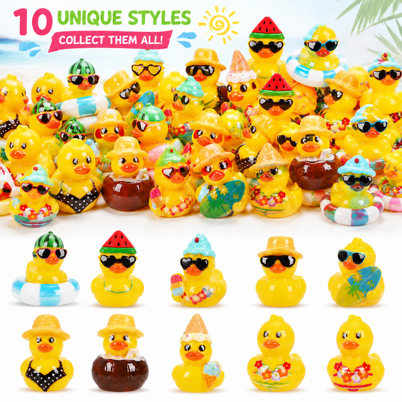 60 Pcs Summer Mini Resin Ducks, 10 Styles Hawaii Beach Cruise Duck Figurines for Pool Party, Aquarium, Cake and Desktop Decor