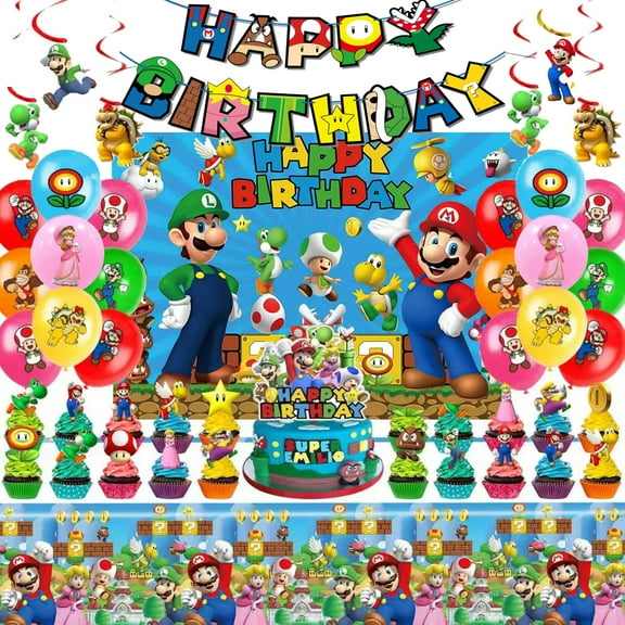 60 Pcs Super Mario Party Decorations, Mario Birthday Decorations, Game Party Supplies Include Banner, Balloons, Hanging Swirls, Cake Cupcake Toppers, Tablecloth and Backdrop for Boys and Girls