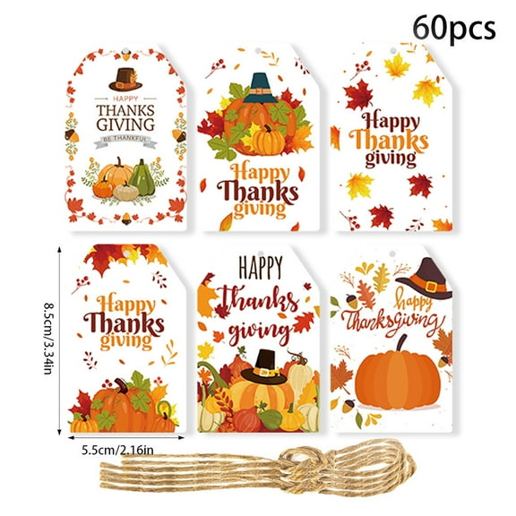 60 Pcs Thanksgiving Autumn Gift Tags Happy Thanksgiving Day Pumpkin Maple Leaves Theme Paper Hanging Craft Label for Fall Harvest Party Holiday Letters Gift Wrapping Decoration