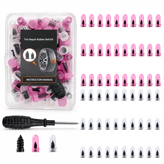 60 Pcs Tire Repair Rubber Nail Kit with Screwdriver, Vacuum Tire Repair Screws, Quick Screw-in Tire Plugs for Tubeless Tires, Self-Service Puncture Flat Tire Patch Tool for Car, Motorcycle, Truck