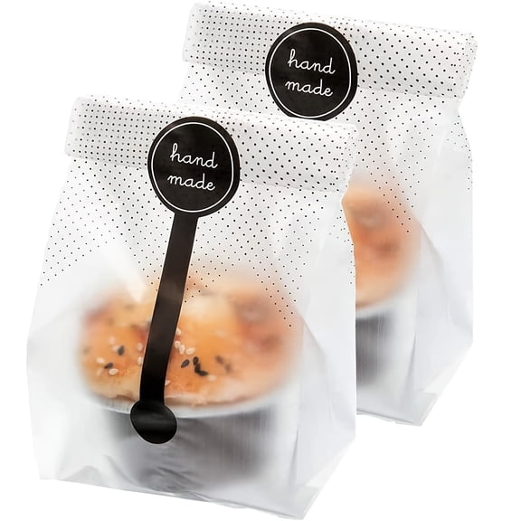 60 Pcs Translucent Cookie Bags with Seal Set 30 Bakery Bags + 30 Handmade Stickers for Cookie, Bread, Cake, Candy Wrapping Black Dot Plastic Bulk for Home & Party