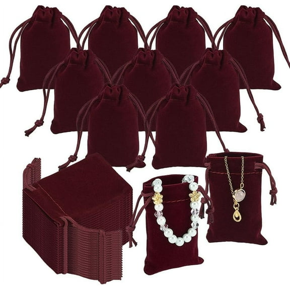 60 Pcs Velvet Drawstring Bags 2.75x1.97 Inch Rectangle Drawstring Jewelry Pouches Gift Packaging Bags for Christmas Wedding Birthday Party Favors Dark Red Red