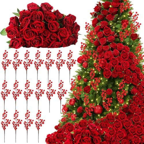 60 Pcs Velvet Rose Artificial Berry Stems Bulk Red Artificial Flowers Fake Roses Florals for Christmas Tree Valentine's DIY Crafts Wedding Bouquet Holiday Party Table Centerpiece Home Decor