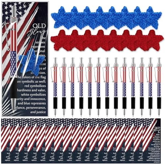 60 Pcs Veterans Day Gifts Bulk American Flag Bookmarks and Ballpoint Pen Patriotic Crochet Star USA Souvenir for Veterans Day Patriot Memorial Heroes Supplies