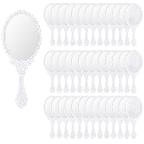 60 Pcs Vintage Handheld Mirror Bulk Retro Hand Held Mirror Small Travel Portable Embossed Flower Decorative for Travel Birthday Princess Party Favors Goodie Bag Makeup Home Salon Plastic(White)