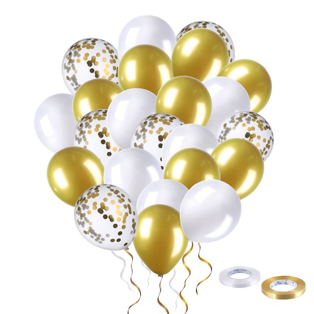 60 Pcs White and Gold Balloons, Gold Confetti Balloons, Thickened Latex